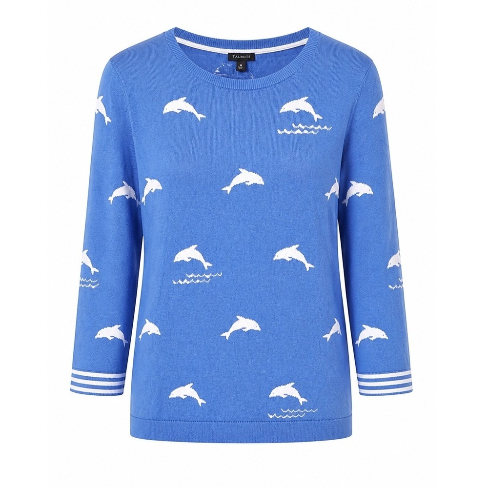 Talbots Blue Dolphin Intarsia Knit Sweater 3/4 Sleeve Nautical Women Medium